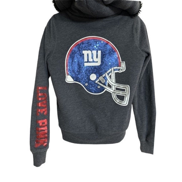 PINK NFL NYGiants Faux Fur Lined Zip Hoodie Sequinned Helmet Bling Warm Tailgate - Picture 1 of 10